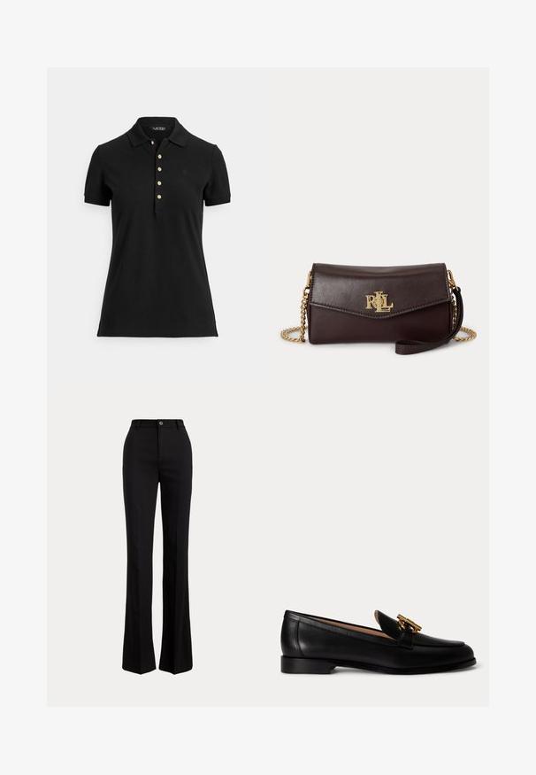 Schwarzes Poloshirt aus strukturiertem Stoff mit Kragen, kurzen Ärmeln und einer Knopfleiste mit goldfarbenen Knöpfen. Dezentes Logodetail auf der Brust.; Schwarze, hoch taillierte Hose mit Knopf- und Reißverschluss, geradem Bund mit Gürtelschlaufen und leicht ausgestellten Beinen.; Schwarzer Lederloafer mit niedrigem Absatz und goldfarbener Metallschnalle oben, von der Seite auf weißem Hintergrund gezeigt.; Dunkelbraune Lederclutch mit goldener Kettenriemen und goldenem "RLL" Logo auf der Vorderklappe, vor schlichtem weißem Hintergrund.