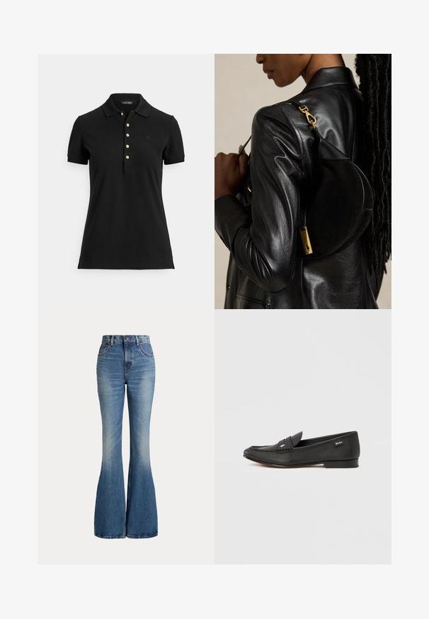 Polo negro de tela texturizada, con cuello, mangas cortas y una tapeta con botones dorados. Detalle sutil del logo en el pecho.; Vaqueros de mezclilla azul de talle alto con piernas acampanadas y ligero desgaste en la zona delantera del muslo, mostrados sobre fondo blanco.; Mocasín de cuero negro con acabado texturizado, detalle de ranura para moneda, perfil delgado, marca sutil en el lateral y tacón bajo y plano.; Persona con chaqueta de cuero negra lleva un bolso negro en forma de media luna con cierre dorado colgado del hombro sobre fondo liso.