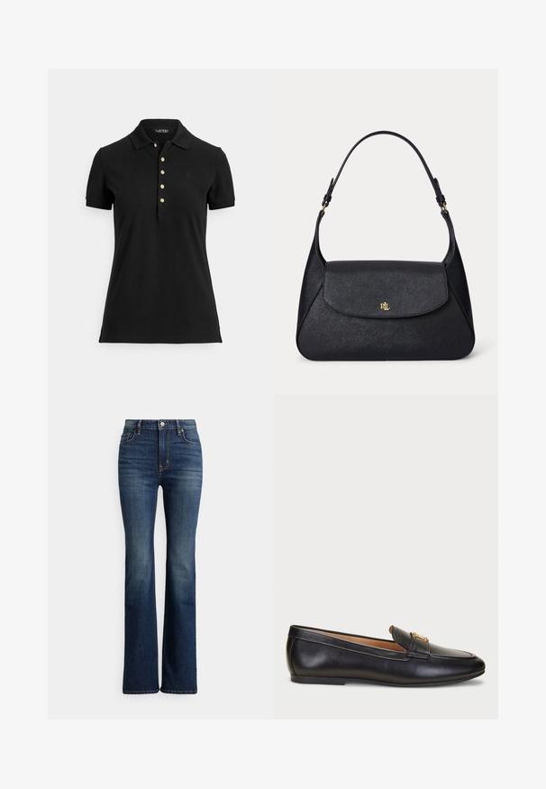 Zwart poloshirt van gestructureerde stof, met een kraag, korte mouwen en een knopenlijst met gouden knopen. Subtiel logodetail op de borst.; Donkerblauwe high-waist bootcut jeans met knoopsluiting aan de voorkant en zakken, lichte vervaging op de dijen en knieën, weergegeven tegen een witte achtergrond.; Lauren Ralph Lauren AVERI III BURNISHED LEATHER LOAFER - Instappers - black; Zwart gestructureerde leren schoudertas met een gebogen klep en een gouden "RL" logo op de voorkant, met een verstelbare band met gouden beslag.