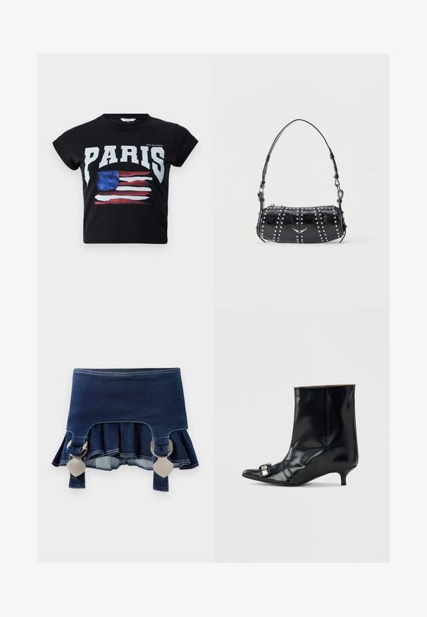 Sort bomulds t-shirt med "PARIS" i fede hvide bogstaver og et slidt amerikansk flag grafik i rød, hvid og blå. Korte ærmer.; Denimnederdel med en udvidet bund. Har to justerbare grå spænder, mørkeblå farve og kontrasterende syninger langs kanten.; Sort læder ankelstøvle med spids tå, lav kitten-hæl og dekorativ sølvspænde på siden nær tåen.; Sort skuldertaske i laklæder med sølvnitter i lodrette rækker og et lille sølvfugleemblem midt på fronten.
