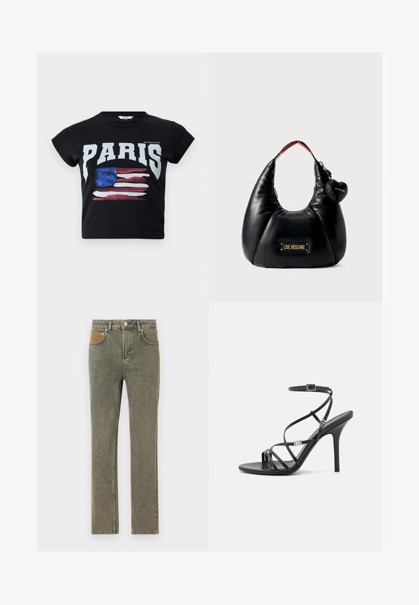 Camiseta de algodón negra con "PARIS" en letras blancas en negrita y un gráfico desgastado de la bandera americana en rojo, blanco y azul. Mangas cortas.; Jeans de mezclilla verde con un diseño de pierna recta, que cuentan con un bolsillo de acento de pana marrón y un sutil desgastado en toda la tela.; Sándalo negro de tacón alto con tiras finas, hebilla en el tobillo, superficie de cuero suave y tacón de aguja esbelto.; Bolso de cuero sintético negro con forma curva, que presenta una placa de logo dorada y un charm en forma de corazón. La correa interior tiene un detalle de logo rojo.