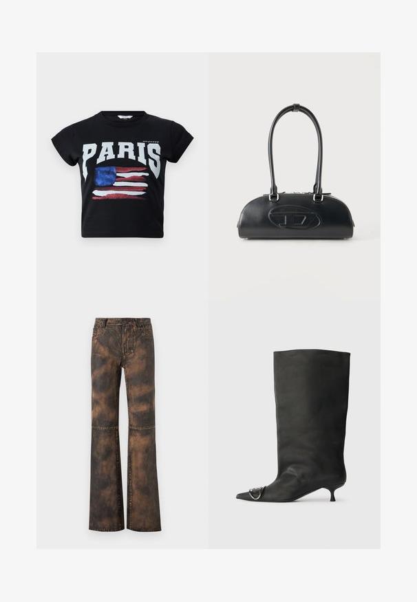 Camiseta de algodón negra con "PARIS" en letras blancas en negrita y un gráfico desgastado de la bandera americana en rojo, blanco y azul. Mangas cortas.; Pantalones de mezclilla marrón acampanados con un acabado desgastado y texturizado. Cuentan con cinco bolsillos, trabillas para cinturón y cierre con botón. Costuras planas y pernera ancha.; Bota de cuero negra hasta el tobillo con punta afilada, tacón pequeño y detalle metálico en la punta. Textura suave y mate en toda la superficie.; Bolso de cuero negro con asas largas dobles y logo ovalado en relieve en la parte delantera, mostrado sobre un fondo claro y liso.