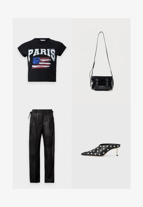 Sort bomulds t-shirt med "PARIS" i fede hvide bogstaver og et slidt amerikansk flag grafik i rød, hvid og blå. Korte ærmer.; Sorte, højtaljede bukser lavet af et struktureret materiale. Har lige ben, plisseringer og justerbar snor i taljen.; STAND STUDIO KELSEY - Mules med hæl - black; Sort skuldertaske i læder med justerbar rem, to lodrette lynlåse foran og et lille metalvinge-emblem under lynlåsene.