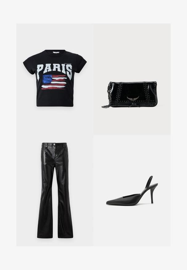 Zwart katoenen T-shirt met "PARIS" in vetgedrukte witte letters en een verouderde Amerikaanse vlag in rood, wit en blauw. Korte mouwen.; Rabanne Wijde jeans - black; Zwarte slingback hakken met een spitse neus, van soepel leer en een strak, minimalistisch ontwerp. Hoge stilettolahak.; Zwarte clutch van lakleer met studaccenten, kettingriem, flapsluiting en geperst vleugeldetail aan de voorkant, gladde textuur, rechthoekige vorm.