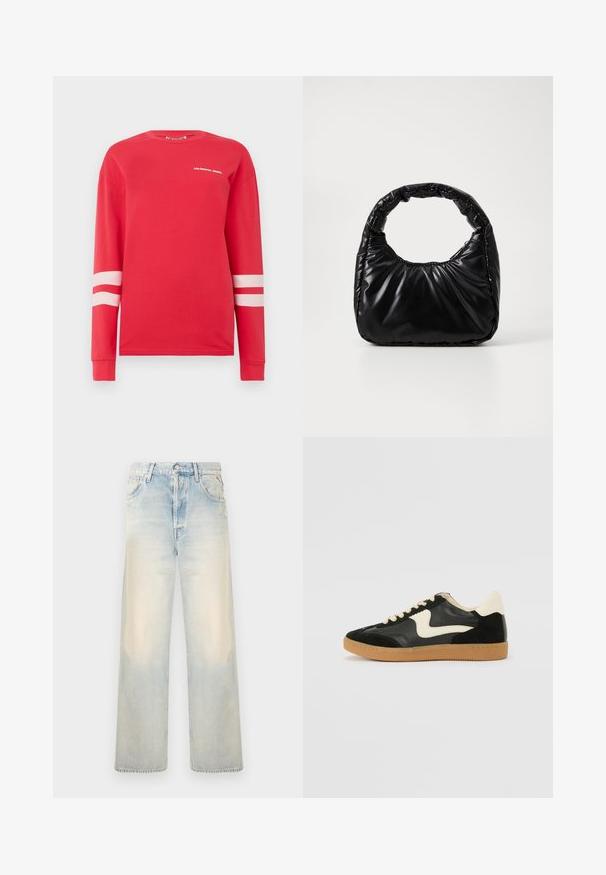 Rød langærmet skjorte i bomuld med hvid tekst "COLOURFUL REBEL" og to vandrette hvide striber på ærmerne. Klassisk crew neck-design.; Lyst vævet denim bredbenede jeans med en falmet finish, fem lommer og en klassisk knaplukning. Blød tekstur og løs pasform.; Sorte ruskinds- og lædersneakers med en cremefarvet side-swoosh og lys cremefarvet hæl. Har beige snørebånd og en gummirubber-sål.; Sort polstret håndtaske med et rundt håndtag, der har en glat, skinnende overflade og en blød, kviltet tekstur. Ingen synlige hardware eller accenter.