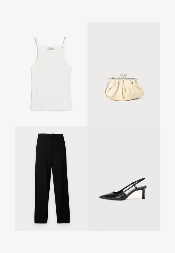 Top blanco sin mangas con tirantes finos, hecho de tela de algodón acanalada, que presenta un escote recto y un acabado limpio en el dobladillo.; Pantalones de pierna ancha negros, confeccionados en una tela suave y elástica. Presentan una cinturilla lisa y sin costuras ni bolsillos visibles. Diseño sencillo y versátil.; Tacón slingback negro de charol con punta afilada, que presenta un estampado de serpiente texturizado, correa ajustable y un tacón bloque corto y texturizado.; Clutch de cuero beige plisado con un marco de metal plateado, que cuenta con dos broches decorativos redondos y una correa de cadena plateada.