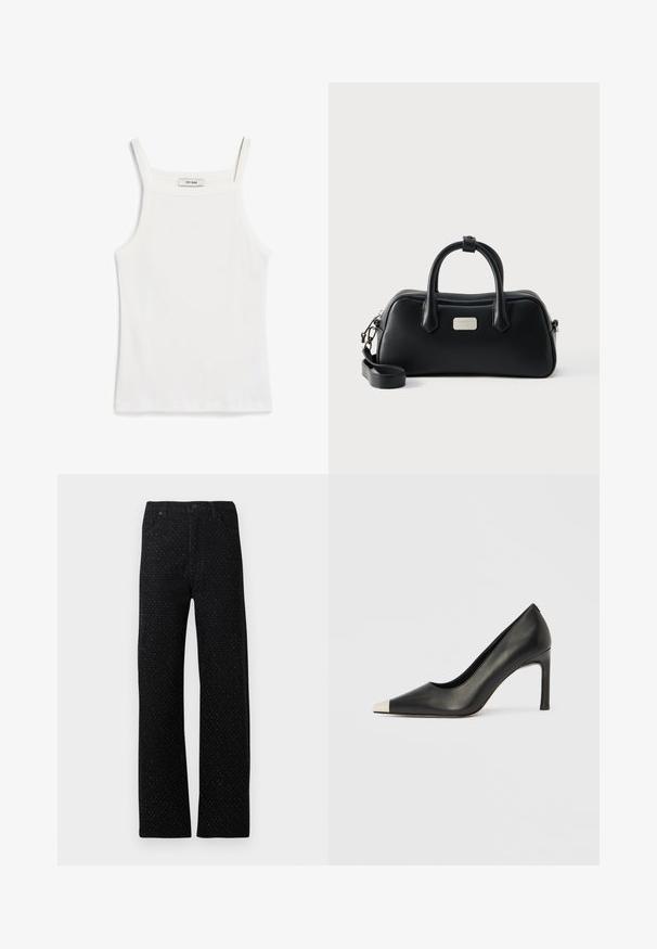 Débardeur blanc à fines bretelles, en tissu de coton côtelé, avec un décolleté droit et une finition soignée à l'ourlet.; Pantalon en denim noir avec une coupe droite, présentant un motif texturé de petits points et cinq poches, y compris à l'avant et à l'arrière.; Chaussure à talon haut en cuir noir avec bout pointu et capuchon argenté métallique. Présente une finition lisse et un talon fin de 10 cm.; Sac à main rectangulaire en cuir noir avec deux poignées, bandoulière amovible et petite plaque logo de la marque en argent sur le devant.