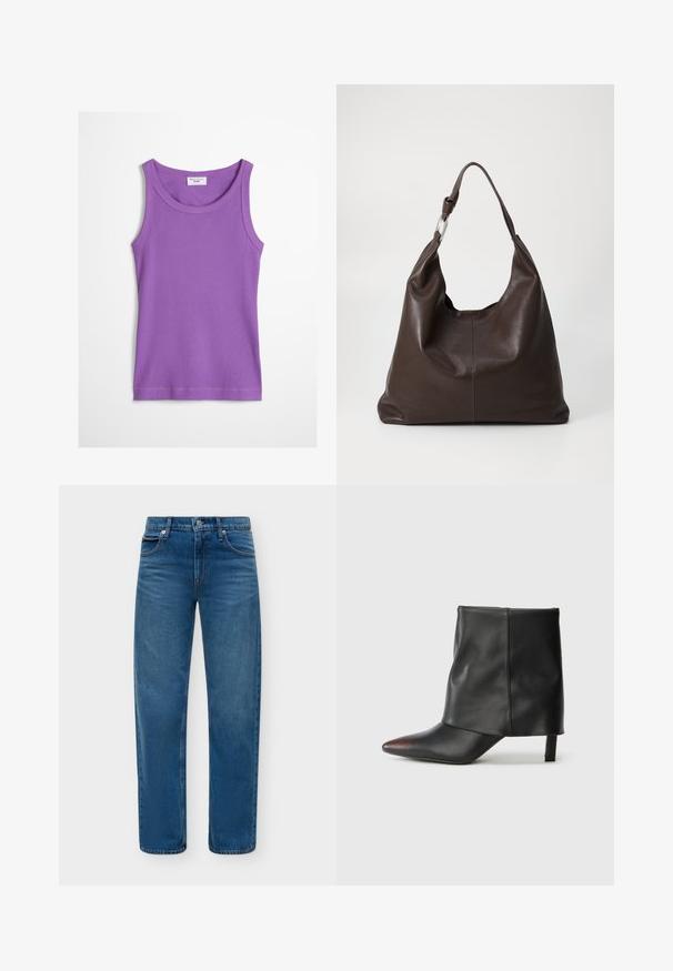 Débardeur violet côtelé sans manches avec encolure ronde et étiquette Marc O’Polo Denim à l'intérieur du col.; Jean denim bleu droit avec bouton et fermeture éclair à l'avant, style cinq poches sur un fond clair uni.; Bottine noire en cuir lisse avec un bout pointu et un talon effilé. La tige présente un design légèrement froncé.; Zign by Zalando LEATHER - Cabas - chocolate brown