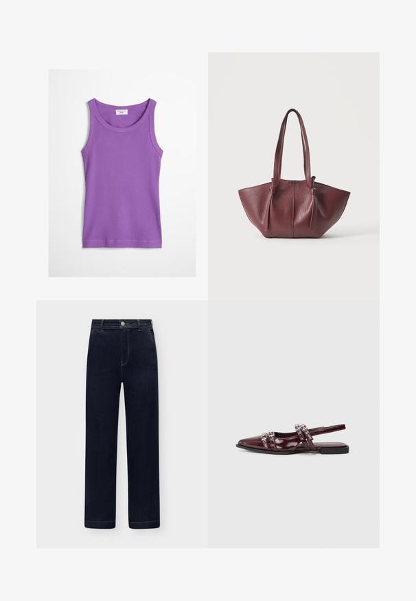 Débardeur violet côtelé sans manches avec encolure ronde et étiquette Marc O’Polo Denim à l'intérieur du col.; Jean en denim bleu foncé taille haute, coupe droite, poches avant, fermeture à boutons et passants de ceinture sur fond clair.; Chaussure plate slingback en cuir verni bordeaux avec un bout pointu, présentant des lanières décoratives avec des accents métalliques.; Sac cabas en cuir texturé rouge foncé avec double bretelles et un large haut ouvert sur un fond clair uni.