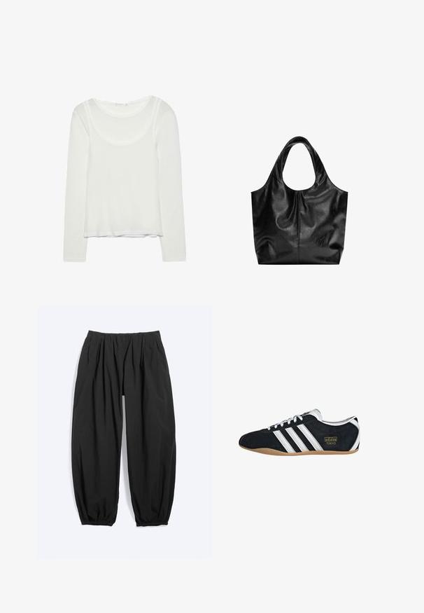 Haut superposé à manches longues blanc pour femmes avec encolure dégagée et silhouette ajustée, présenté à plat sur un fond blanc.; Pantalon noir ample et fuselé avec taille élastique et poignets aux chevilles, fabriqué en tissu léger.; Sneakers en suede noir avec trois bandes blanches, logo doré et semelle en caoutchouc marron. Présente un design à lacets à profil bas.; Sac fourre-tout en cuir noir avec une texture lisse, un haut arrondi doux et de larges poignées. Présente une couture minimale et une silhouette décontractée.