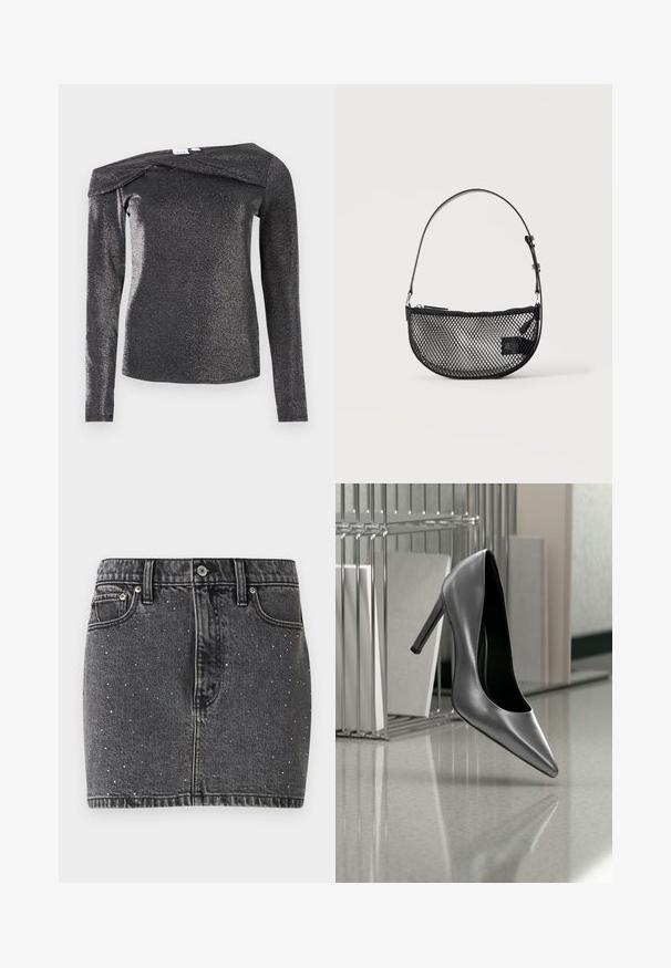 Haut noir à manches longues avec un éclat métallique, présentant un design épaules dénudées, une texture douce et un détail plié unique au niveau de l'encolure.; Jupe en denim gris foncé avec des ornements en clous argentés. Présente une coupe ajustée, un design classique à cinq poches et des passants de ceinture.; Chaussure noire à talon haut suspendue en l'air devant un classeur métallique avec des dossiers sur une surface polie.; Sac à main en maille noire forme demi-lune avec une courte bandoulière en cuir réglable et une fermeture éclair sur un fond clair uni.