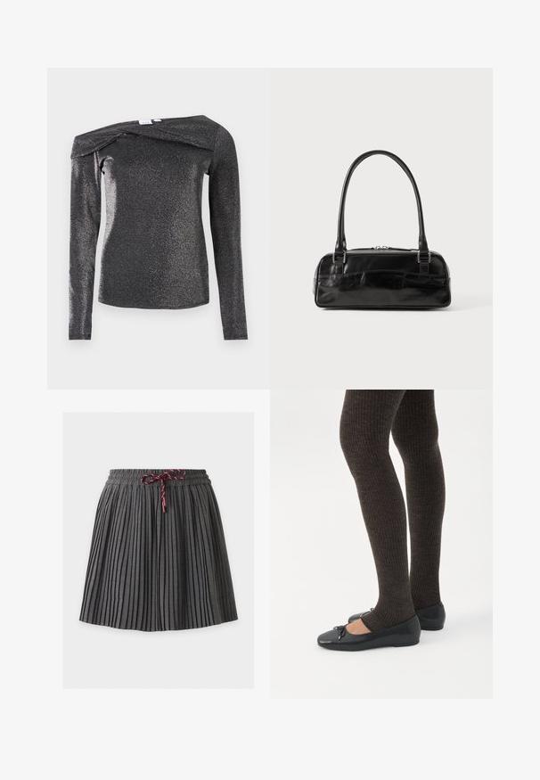 Haut noir à manches longues avec un éclat métallique, présentant un design épaules dénudées, une texture douce et un détail plié unique au niveau de l'encolure.; Jupe plissée gris foncé avec une taille élastique et un cordon bordeaux noué au centre devant.; Jambes portant des leggings côtelés foncés associés à des ballerines noires avec de petits détails en nœud sur fond blanc.; Sac à main en cuir noir de forme rectangulaire, doté d'une seule ansse structurée, de quincaillerie argentée et d'une fermeture éclair. Texture lisse.