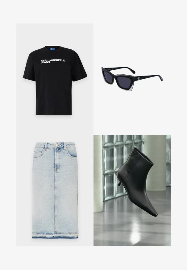 Čierne bavlnené tričko s krátkymi rukávmi, na prednej strane je veľkými bielymi písmenami vytlačený nápis "KARL LAGERFELD JEANS".; Džínová midi sukňa v svetlom odtieni modrej, s piatimi vreckami, rovného strihu a s nahrubo zaseknutým lemom. Klasické kovové zapínanie na gombík a zips.; Čierna kožená členková čižma so špicatou špičkou a nízkym kitten podpätkom, zobrazená šikmo na pozadí leštenej podlahy a steny zo sklenených blokov.; Čierne oversized slnečné okuliare s geometrickým tvarom, s tmavými šošovkami a kontrastným šedým detailom na ráme. Logo na mostíku.