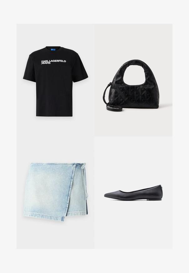 Camiseta de algodón negra con mangas cortas, con "KARL LAGERFELD JEANS" impreso en grandes letras blancas en la parte frontal.; Falda tipo envolvente de denim azul claro con un dobladillo deshilachado, que cuenta con un cierre de lazo en un costado. La tela tiene una textura desgastada y desvaída.; Zapato plano de cuero negro con punta puntiaguda y tacón bajo, mostrado de perfil contra un fondo blanco.; Bolso de mano de piel negra con un asa curva en la parte superior, un sutil patrón de diamantes y una correa desmontable. La textura es suave con detalles en relieve.