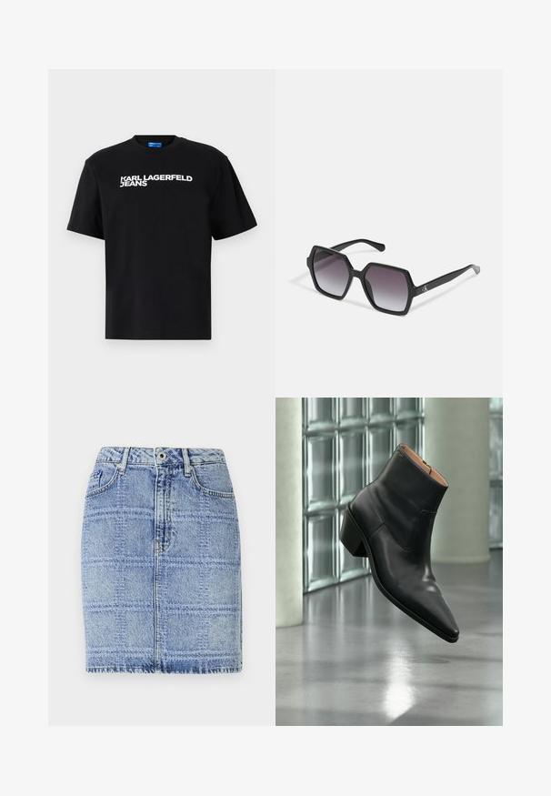 Čierne bavlnené tričko s krátkymi rukávmi, na prednej strane je veľkými bielymi písmenami vytlačený nápis "KARL LAGERFELD JEANS".; Džínová sukňa v svetlom modrom prevedení s mriežkovaným vzorom. Má vysoký pás, dve predné vrecká a akcenty v podobe stehov pozdĺž lemovania a švov.; Čierna kožená členková obuv s ostrou špičkou a blokovým podpätkom vznášajúca sa nad odrazovou sivou podlahou pri stene zo sklenených blokov.; Čierne hexagonálne slnečné okuliare s gradientovými šošovkami, majú lesklý povrch a diskrétne logo na stranici. Vyrobené z odolného plastu.