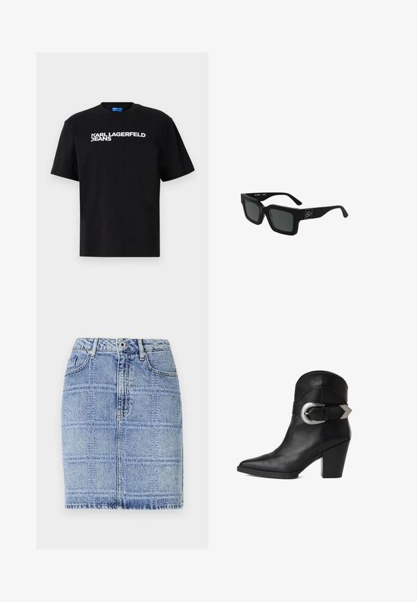 Sort bomuld T-shirt med korte ærmer, med "KARL LAGERFELD JEANS" trykt med store hvide bogstaver over forsiden.; Denim nederdel i lyseblå med et rutenetmønster. Har høj talje, to forlommer og syningsdetaljer langs kanten og sømmene.; Sort læder ankelsko med spidse tæer, kraftig hæl og en bred rem med en cirkulær sølvspænde på siden. Glat tekstur.; Sorte rektangulære solbriller med mørke linser. Tykt matte stel og lige arme. Logodetalje på siden. Indeholder UV-beskyttelse.
