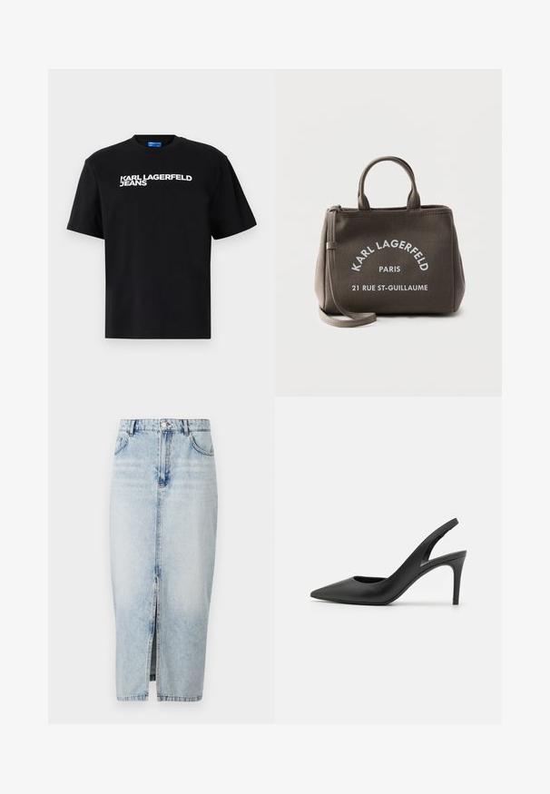 Čierne bavlnené tričko s krátkymi rukávmi, na prednej strane je veľkými bielymi písmenami vytlačený nápis "KARL LAGERFELD JEANS".; Svetlomodrá denimová sukňa s predným rozparkom, vysokým pásom, piatimi vreckami a viditeľným stehom. Má klasický dizajn a hladkú textúru.; Čierne kožené slingback vysoké podpätky s dizajnom špicatých špičiek, s výrezom vpredu a tenkým stiletto podpätkom.; Malá sivá taška typu tote s krátkymi rúčkami a odnímateľným popruhom, s bielym textom "KARL LAGERFELD PARIS 21 RUE ST-GUILLAUME" vpredu.