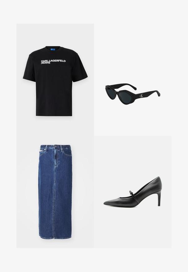 Camiseta de algodón negra con mangas cortas, con "KARL LAGERFELD JEANS" impreso en grandes letras blancas en la parte frontal.; Falda de mezclilla en azul oscuro, a la altura de la rodilla, con una abertura frontal, cinturilla tradicional y diseño de cinco bolsillos con costuras en contraste.; Zapato de tacón alto de cuero negro con punta puntiaguda, con tira fina y hebilla sobre el empeine, sobre fondo claro y neutro.; Gafas de sol negras con forma de ojo de gato, acabado brillante, lentes oscuros y un logo "cK" en la patilla. Diseño angular y montura gruesa.