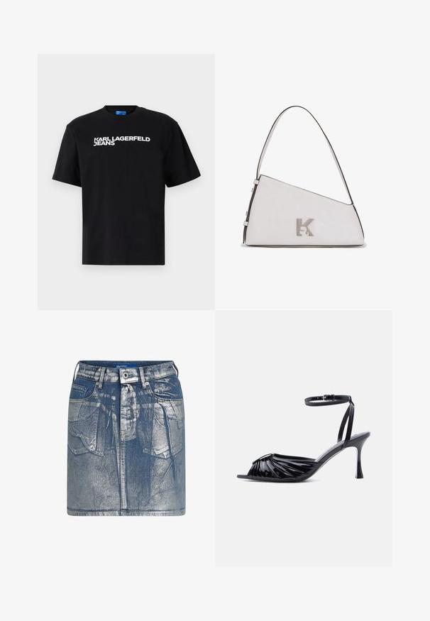 Čierne bavlnené tričko s krátkymi rukávmi, na prednej strane je veľkými bielymi písmenami vytlačený nápis "KARL LAGERFELD JEANS".; Džínová mini sukňa v svetlomodrej farbe s vyblednutou textúrou. Obsahuje predné vrecká, pútka na opasok a kovové zapínanie na gombík. Viditeľné švy.; Čierna sandála na vysokom opätku z lakovanej kože s otvorenou špičkou, záhybovým dizajnom vpredu a nastaviteľným členkovým remienkom s prackou.; Biela trojuholníková kabelka s lesklým povrchom, so strieborným logom a zvýraznenými okrajmi. Jeden ramenný popruh na nosenie.