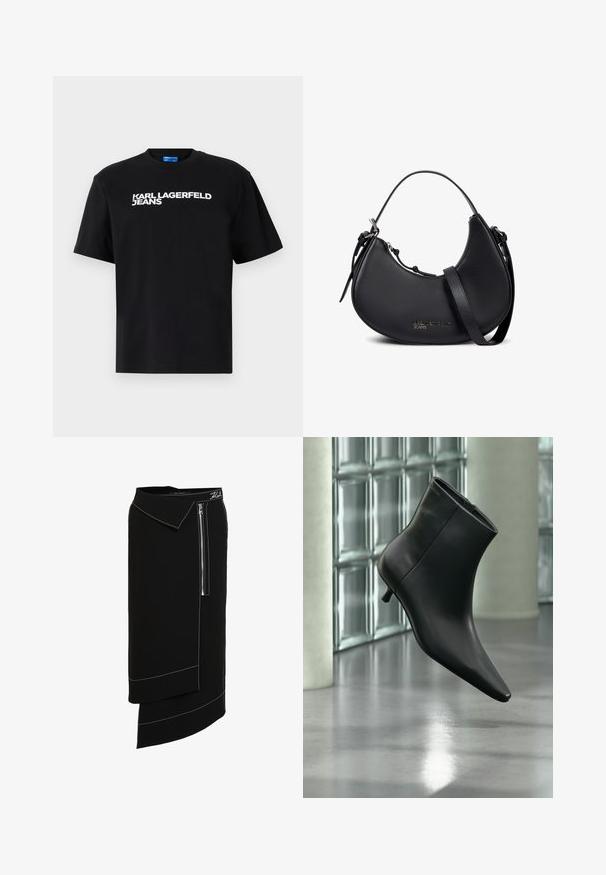 Čierne bavlnené tričko s krátkymi rukávmi, na prednej strane je veľkými bielymi písmenami vytlačený nápis "KARL LAGERFELD JEANS".; Čierna midi sukňa s širokým golierom, so zapínaním na bočnom zipsu, bielymi prešívaniami a asymetrickým lemom. Hladká textúra.; Čierna kožená členková čižma so špicatou špičkou a nízkym kitten podpätkom, zobrazená šikmo na pozadí leštenej podlahy a steny zo sklenených blokov.; Čierna kožená kabelka v tvare polmesiaca s dvojitými popruhmi, strieborným zipsom a nenápadným logom „Karl Lagerfeld Jeans“ na prednej strane.