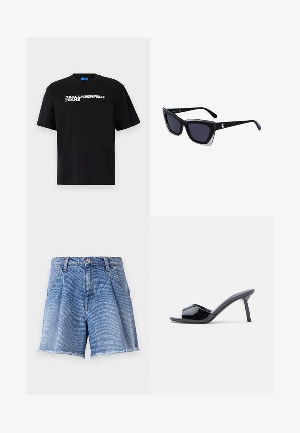 Čierne bavlnené tričko s krátkymi rukávmi, na prednej strane je veľkými bielymi písmenami vytlačený nápis "KARL LAGERFELD JEANS".; Džínové šortky svetlo modrej farby s mierne vyblednutým umývaním, obsahujúce opakovaný potlač "JOOP! JEANS" na celom povrchu. Roztrhnutý lem dodáva textúru.; Čierne lakované kožené sandále na podpätku s otvorenou špičkou, s výrazným zakriveným horným dizajnom a štíhlym ihlovým podpätkom. Hladký lesklý povrch.; Čierne oversized slnečné okuliare s geometrickým tvarom, s tmavými šošovkami a kontrastným šedým detailom na ráme. Logo na mostíku.