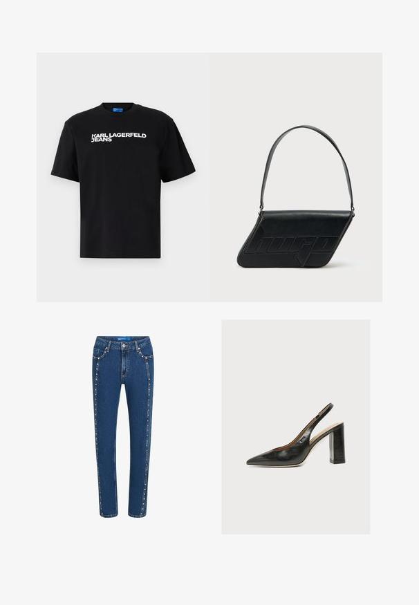 Čierne bavlnené tričko s krátkymi rukávmi, na prednej strane je veľkými bielymi písmenami vytlačený nápis "KARL LAGERFELD JEANS".; Džínsy v tmavomodrej farbe so rovnými nohavicami, s kontrastným prešívaním a ozdobnými cvokmi pozdĺž bočných švov a predných vreciek.; Čierny kožený dámsky slingback lodičky so špicatou špičkou a hrubým vysokým blokovým podpätkom na bielom pozadí.; Čierna kožená taška cez rameno v trojuholníkovom tvare, s vyrazeným logom a jedným nastaviteľným pásikom. Minimalistický dizajn s hladkou textúrou.