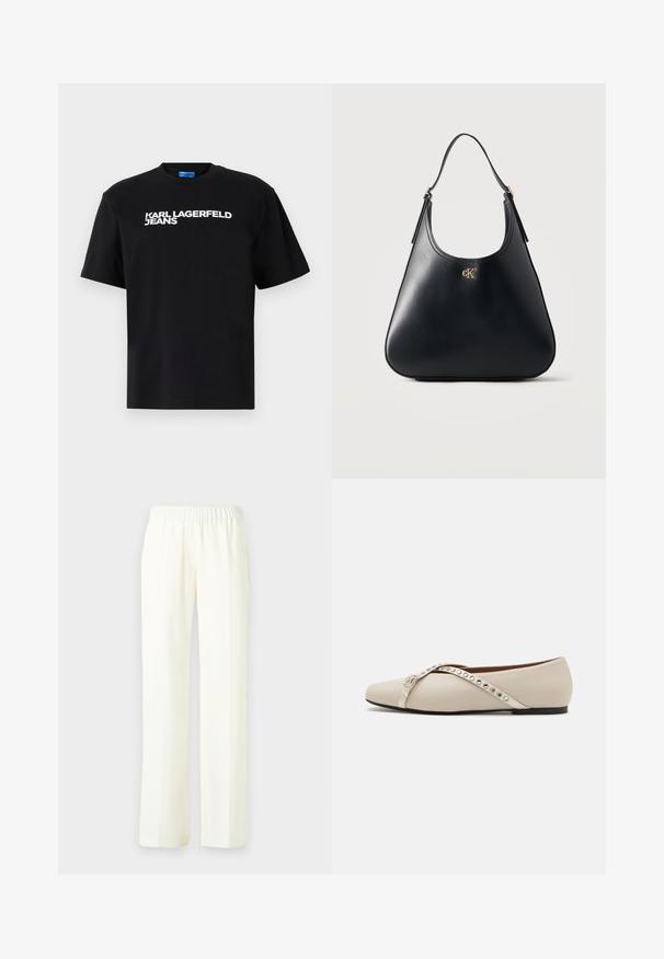 Čierne bavlnené tričko s krátkymi rukávmi, na prednej strane je veľkými bielymi písmenami vytlačený nápis "KARL LAGERFELD JEANS".; Svetlo krémové nohavice s širokými nohavicami, ktoré majú elastický pás pre pohodlie. Hladká tkanina s plynulým dizajnom; žiadny viditeľný vzor ani akcenty.; Bežové ploché topánky s špicatou špičkou, z koženej látky, s dekoračným pásom so cvočkami cez vrchnú časť. Čierna podrážka. Jednoduchý dizajn.; Čierna kožená kabelka s jedným remienkom a zlatým logom „cK“ umiestneným uprostred blízko hornej časti, umiestnená na jednoduchom svetlom pozadí.