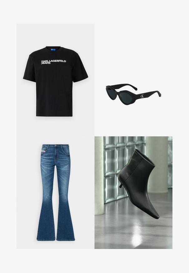 Čierne bavlnené tričko s krátkymi rukávmi, na prednej strane je veľkými bielymi písmenami vytlačený nápis "KARL LAGERFELD JEANS".; Zúžené džínsy v stredne modrej farbe z denimu, s vysokým pásom, dizajnom s piatimi vreckami a jemnými vyblednutiami na stehnách.; Čierna kožená členková čižma so špicatou špičkou a nízkym kitten podpätkom, zobrazená šikmo na pozadí leštenej podlahy a steny zo sklenených blokov.; Čierne slnečné okuliare v štýle mačacích očí s lesklým povrchom, tmavými sklami a logom "cK" na spánku. Ostrý dizajn a hrubé rámy.