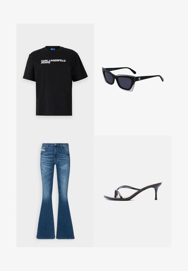 Camiseta de algodón negra con mangas cortas, con "KARL LAGERFELD JEANS" impreso en grandes letras blancas en la parte frontal.; Jeans acampanados en denim azul medio, con una cintura alta, diseño de cinco bolsillos y sutiles detalles de desvanecimiento en los muslos.; Sandalia de tacón de charol negro con tiras finas cruzadas y un tacón de aguja delgado de altura media, sobre un fondo blanco.; Gafas de sol negras de gran tamaño con una forma geométrica, que presentan lentes oscuros y un detalle gris contrastante en la montura. Logo en la pata.