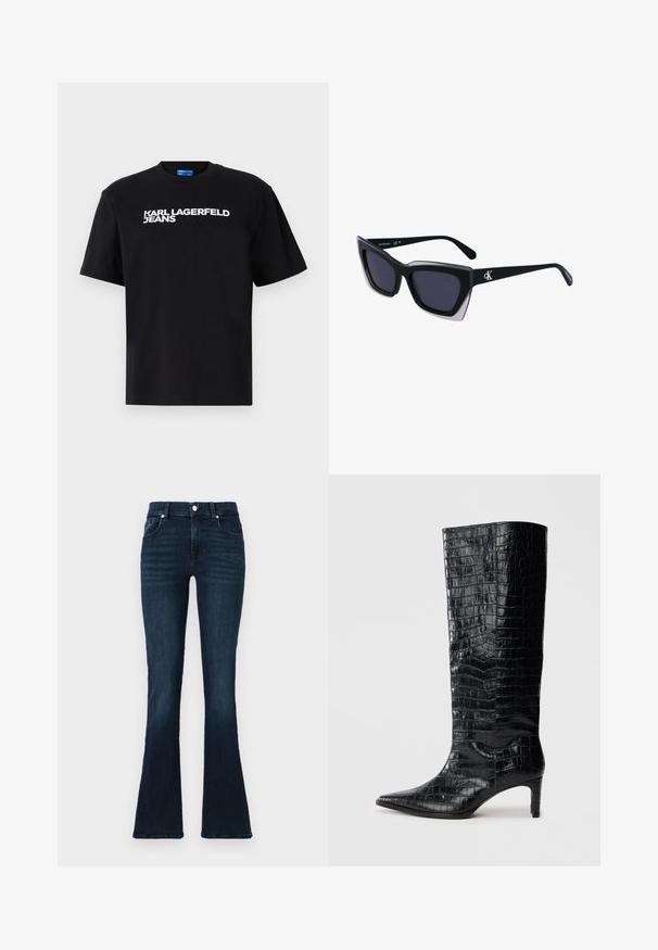 Čierne bavlnené tričko s krátkymi rukávmi, na prednej strane je veľkými bielymi písmenami vytlačený nápis "KARL LAGERFELD JEANS".; Tmavomodré rozšírené džínsy vyrobené z denimu, s klasickým dizajnom piatich vreciek, kovovým zapínaním a jemným vyblednutím na bokoch.; Čierne čižmy po kolená s lesklým krokodílím vzorom, špicatou špičkou a zužujúcim sa opätkom. Hladký syntetický materiál.; Čierne oversized slnečné okuliare s geometrickým tvarom, s tmavými šošovkami a kontrastným šedým detailom na ráme. Logo na mostíku.
