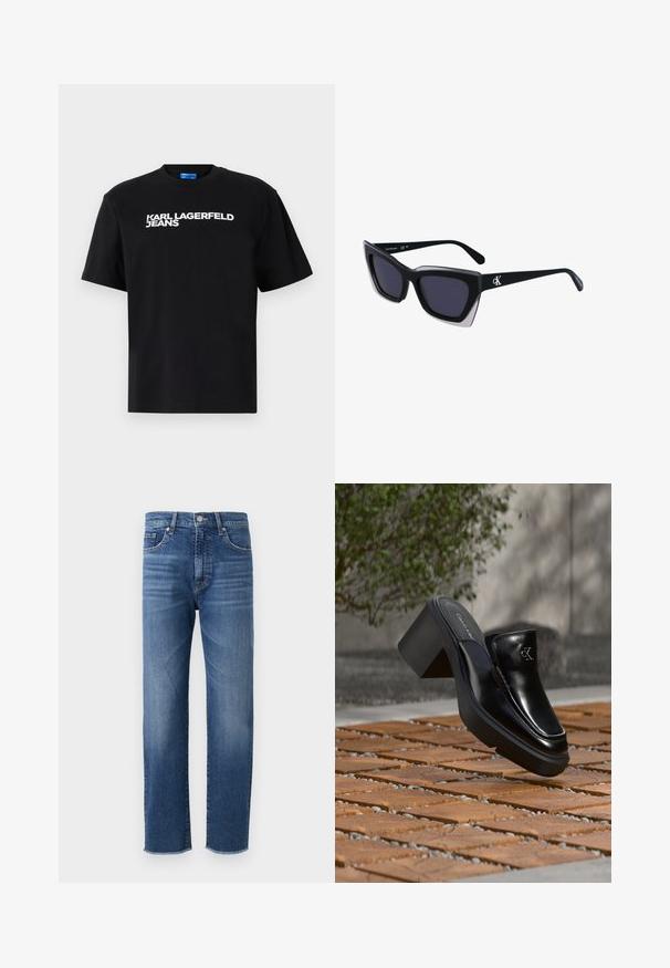 Čierne bavlnené tričko s krátkymi rukávmi, na prednej strane je veľkými bielymi písmenami vytlačený nápis "KARL LAGERFELD JEANS".; Modré džínsy s rovnými nohavicami, so svetlým vzhľadom, piatimi vreckami a rozstrapkanym lemom.; Čierne kožené šľapky Calvin Klein s blokovým podpätkom, ktoré oddychujú na drevených dlaždiciach vonku blízko zelenej rastliny a šedej steny.; Čierne oversized slnečné okuliare s geometrickým tvarom, s tmavými šošovkami a kontrastným šedým detailom na ráme. Logo na mostíku.
