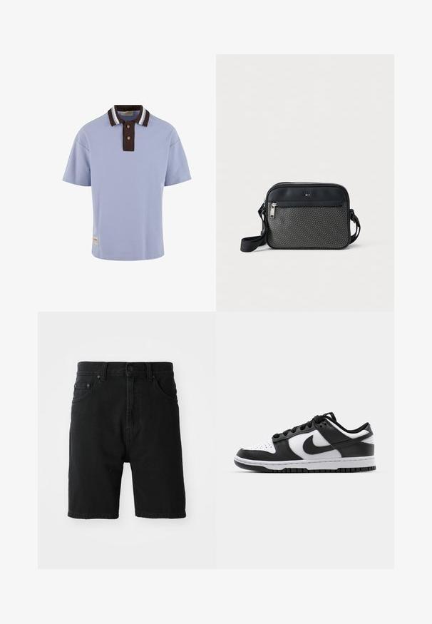 Polo bleu clair avec un col côtelé marron comportant des rayures blanches, deux boutons marron et un petit logo sur l'ourlet avant.; Shorts en denim noir avec une coupe droite, un design à cinq poches, fermeture à bouton à l'avant et ourlet retroussé. Texture lisse sans motifs visibles.; Baskets Nike Dunk en noir et blanc avec une tige en cuir, un bout perforé, des lacets noirs et une semelle en caoutchouc noir avec un motif de semelle.; Sac bandoulière compact en tissu à motif noir et gris, poche zippée à l'avant, sangle noire réglable, et tirettes de fermeture éclair argentées.