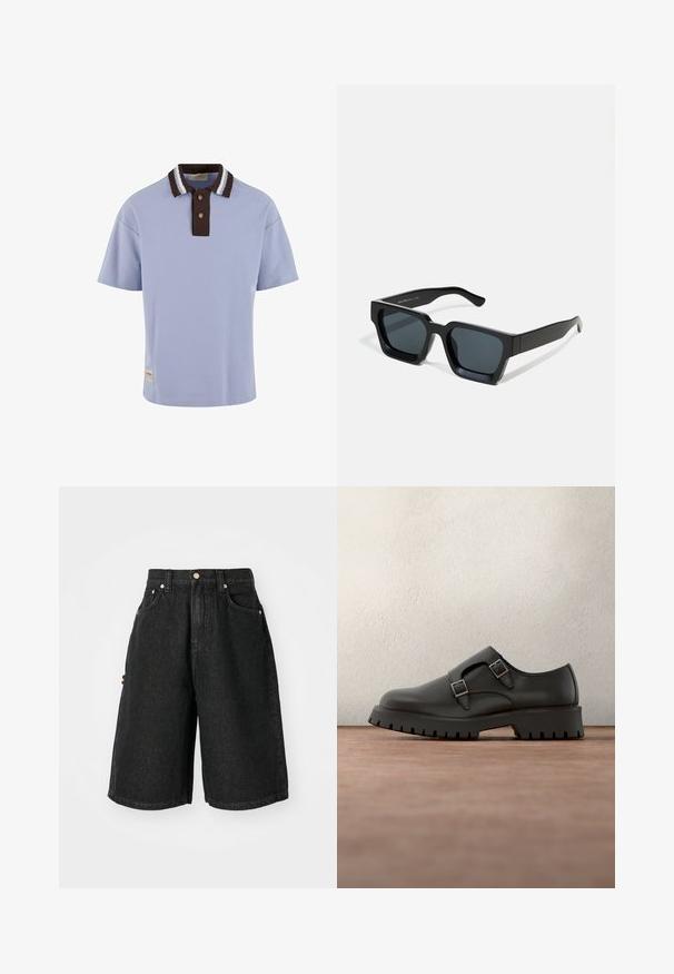 Polo bleu clair avec un col côtelé marron comportant des rayures blanches, deux boutons marron et un petit logo sur l'ourlet avant.; Shorts en denim noir à taille haute, avec une fermeture à bouton, deux poches avant et une poche sur le côté avec des couleurs contrastées.; Chaussure en cuir noir avec double boucle, pointe arrondie et semelle épaisse en caoutchouc texturé. Design minimaliste avec intérieur bleu contrastant.; Lunettes de soleil rectangulaires noires avec des verres foncés. Monture en plastique épaisse et lisse avec une finition légèrement brillante et des branches droites.