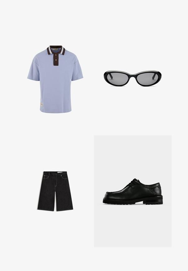 Polo bleu clair avec un col côtelé marron comportant des rayures blanches, deux boutons marron et un petit logo sur l'ourlet avant.; Shorts en denim noir longueur genou avec poches avant, fermeture par bouton et coutures blanches apparentes, étalés à plat sur un fond blanc.; Chaussure en cuir noir à lacets avec semelle épaisse en caoutchouc et couture moc toe, vue de profil gauche sur fond clair uni.; Lunettes de soleil ovales noires avec des verres teintés foncés et une épaisse monture brillante, montrées de face sur un fond blanc.