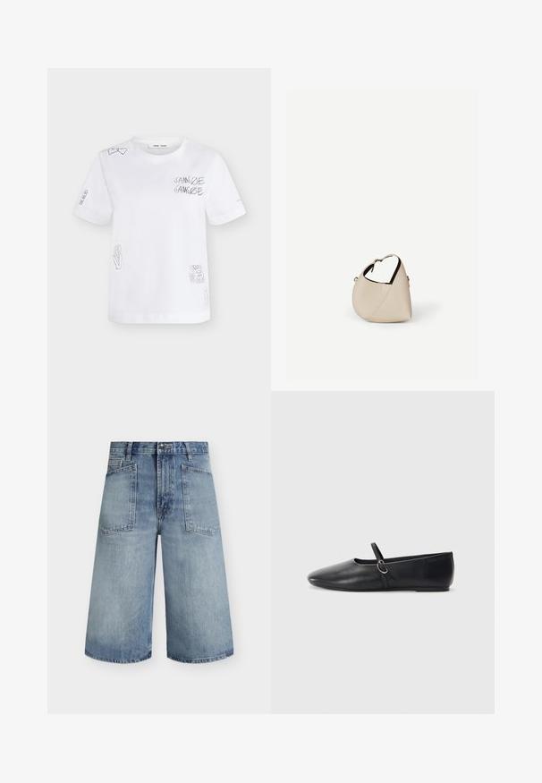 T-shirt blanc manches courtes avec dessin en lignes noires comprenant des cœurs, le texte « SAMSOE SAMSOE », une fleur, un soleil et de petites pièces sur les manches et sur le devant.; Short en denim bleu clair taille haute, jambes larges, poches plaquées à l'avant, passants pour ceinture et fermeture à boutons.; Ballerines noires en cuir avec un bout pointu, une semelle plate et une petite sangle avec un détail de boucle en argent.; Sac à main en cuir beige en forme de croissant avec une seule bandoulière et des coutures minimalistes, posé sur un fond blanc uni.
