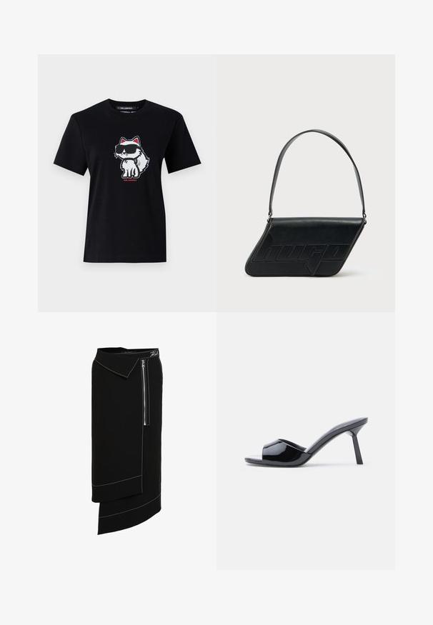 Sort bomulds-t-shirt med en tegneserie ræv i solbriller, omridset i hvid med røde accenter, centreret på forsiden. Korte ærmer og rund hals.; Sort midi-nederdel med bred krave, der har en sidelukning med lynlås, hvide sy-accenter og et asymmetrisk kantdesign. Glat tekstur.; Sorte laklæder sandaletter med åben tå, der har et buet overdesign og en spids stilethæl. Glat, blank finish.; Sort skuldertaske i læder med trekantet form, præget logo og en enkelt justerbar rem. Minimalistisk design med glat tekstur.