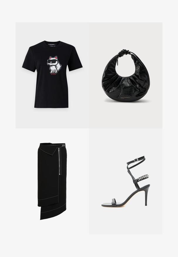 Sort bomulds-t-shirt med en tegneserie ræv i solbriller, omridset i hvid med røde accenter, centreret på forsiden. Korte ærmer og rund hals.; Sort midi-nederdel med bred krave, der har en sidelukning med lynlås, hvide sy-accenter og et asymmetrisk kantdesign. Glat tekstur.; Sort højhælet sandal med tynd ankelrem, midtfodsrem dekoreret med sølvkædeled og åben tå-design.; Sort halvmåneformet håndtaske med rynket hank og lynlås, skinnende krøllet tekstur og "KARL LAGERFELD JEANS" logo foran.