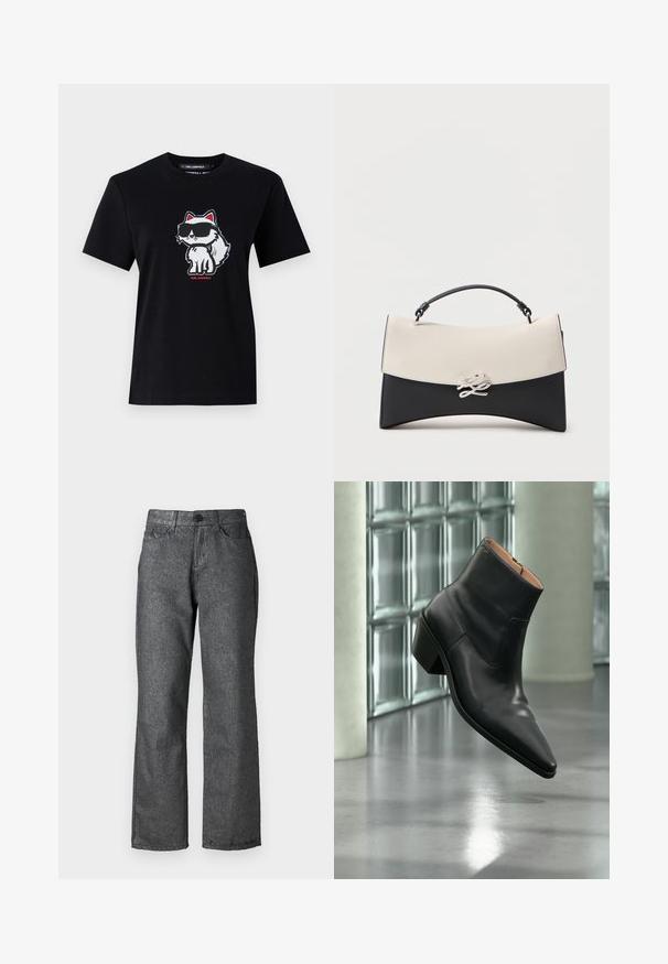 Sort bomulds-t-shirt med en tegneserie ræv i solbriller, omridset i hvid med røde accenter, centreret på forsiden. Korte ærmer og rund hals.; Grå denim jeans med en let glans, lige ben design, fem lommer, knaplukning og synlige søm detaljer.; Sort læderankelstøvle med spids tå og blokhæl, der svæver over en reflekterende grå gulv nær en væg af glasblokke.; Sort og hvid læderhåndtaske med buet form, topgreb og dekorativt sølvspænde på frontklappen.