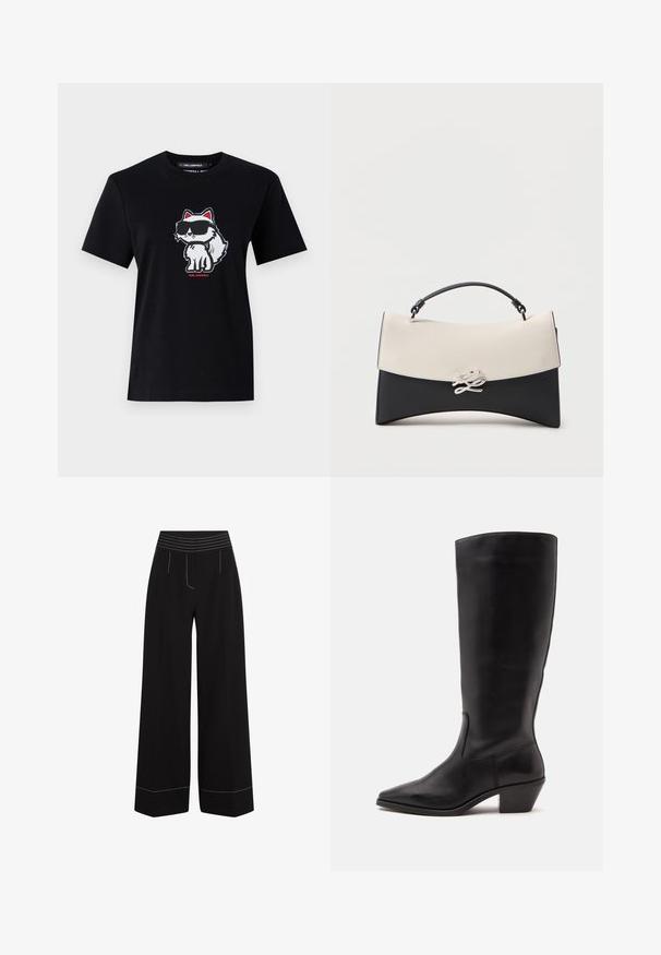 Schwarzes Baumwoll-T-Shirt mit einem Cartoon-Fuchs in Sonnenbrille, in Weiß umrandet und mit roten Akzenten, zentriert auf der Vorderseite. Kurze Ärmel und Rundhalsausschnitt.; Schwarze, weit geschnittene Hosen mit einem strukturierten, elastischen Bund. Verfügt über weiße Nähte entlang der Taschen und Säume. Glatte Stoffoberfläche.; Schwarzer Lederstiefel bis zur Wade mit spitzer Spitze und niedrigem schrägem Absatz vor einfachem hellem Hintergrund.; Schwarz-weiße Lederhandtasche mit geschwungener Form, obenliegendem Griff und dekorativem silbernem Verschluss auf der vorderen Lasche.