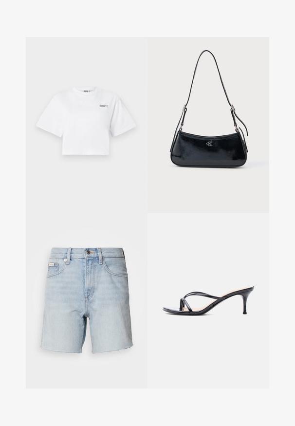 T-shirt blanc court à manches courtes avec un petit logo "HOSIE" et un logo Puma sur le haut à gauche de la poitrine.; Short en denim bleu clair avec ourlets effilochés, fermeture à bouton et zip à l'avant, passants de ceinture, et poches avant.; Sandale à talon en cuir verni noir avec fines lanières croisées et talon aiguille moyen et élancé sur fond blanc.; Sac à main en cuir noir avec une forme élégante et arrondie, et une finition brillante. Doté de quincaillerie en argent et d'un petit détail de logo à l'avant.