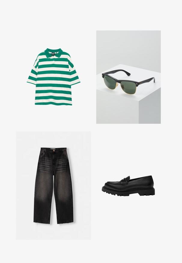 Polo à larges rayures horizontales vertes et blanches, avec col et manches courtes, sur fond blanc.; Jeans en denim noir à jambe large avec un design délavé, dotés de cinq poches, d'une fermeture à bouton et de détails de whiskering subtils sur le devant.; Mocassin en cuir noir avec une semelle robuste et texturée. Présente un bord décoratif en couture et un petit talon pour un design contemporain.; Lunettes de soleil Ray-Ban avec des verres verts, monture en plastique noir et accents dorés sur les bords. Forme carrée avec une finition mate.