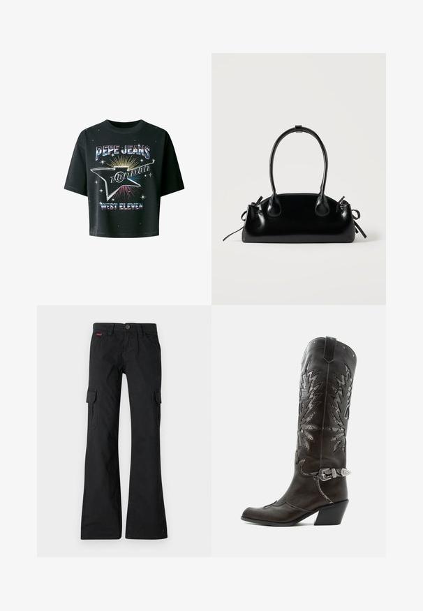 Čierne skrátené tričko z bavlny s okrúhlym výstrihom. Obsahuje farebnú grafiku s nápisom "PEPE JEANS LONDON" a dizajnom výbuchu hviezd.; Čierne cargo nohavice s rovnými nohavicami. Majú dve bočné vrecká, gombíkovú uzávierku a malé vyšívané logo na páse.; Čierna kožená kovbojská čižma s dekoratívnymi výrezmi, striebornou prackou a šikmým podpätkom, zobrazovaná na bielom pozadí.; Malá čierna lesklá kabelka s dvoma dlhými rúčkami a bočnými šnúrkovými detailmi na jednoduchom svetlom pozadí.