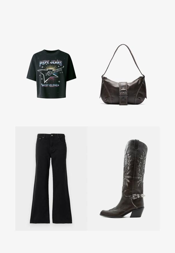 Čierne skrátené tričko z bavlny s okrúhlym výstrihom. Obsahuje farebnú grafiku s nápisom "PEPE JEANS LONDON" a dizajnom výbuchu hviezd.; Čierne džíny s vysokým pásom, piatimi vreckami a rozšírenými nohavicami, vystavené na bielom pozadí.; Čierna kožená kovbojská čižma s dekoratívnymi výrezmi, striebornou prackou a šikmým podpätkom, zobrazovaná na bielom pozadí.; Hnedá kožená taška cez plece s zakriveným tvarom, s výrazným detailom sponky, kontrastným prešívaním a jedným popruhom na plece.