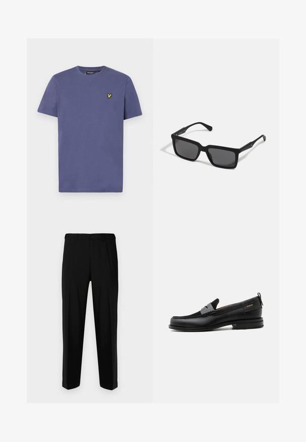 T-shirt en coton violet clair à manches courtes, col rond et avec un petit logo jaune brodé sur la poitrine.; Pantalon noir en tissu lisse, présentant une coupe droite, deux poches avant et une fermeture à glissière avec bouton.; Mocassin en cuir noir avec détail de bride grise, talon bas et semelle texturée, marqué "HUGO" en or sur le côté.; Lunettes de soleil noires avec des verres rectangulaires, finition mate, épaisses montures et branches fines comprenant un subtil détail de marque.