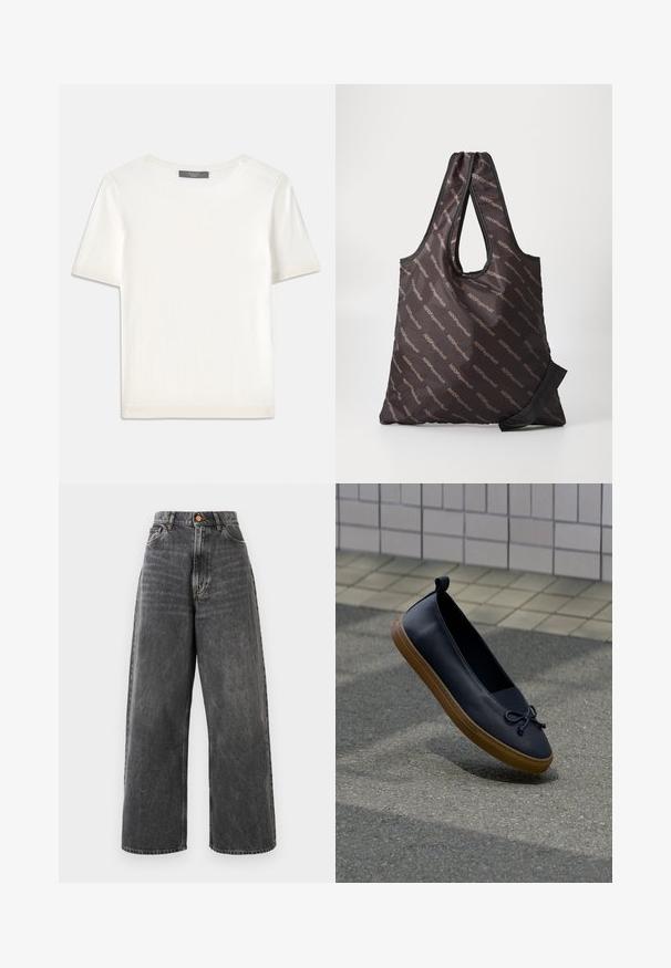 Hvid kortærmet strikbluse med rund halsudskæring, der har en glat tekstur og subtile ribbede detaljer ved ærmerne og kanten.; Højtaljede, brede jeans i falmet sort denim med frontlommer, bæltesløjfer og kobberknaplukning.; Sort læder slip-on sko med brun gummisål og bundet sløjfedetalje, svævende over en grå fortov ved siden af en flisebelagt væg.; Sort totebag lavet af letvægts syntetisk materiale med et gentaget "H2OFagerholt" logo mønster. Håndtagene er dobbelt-indsat for nem bæring.