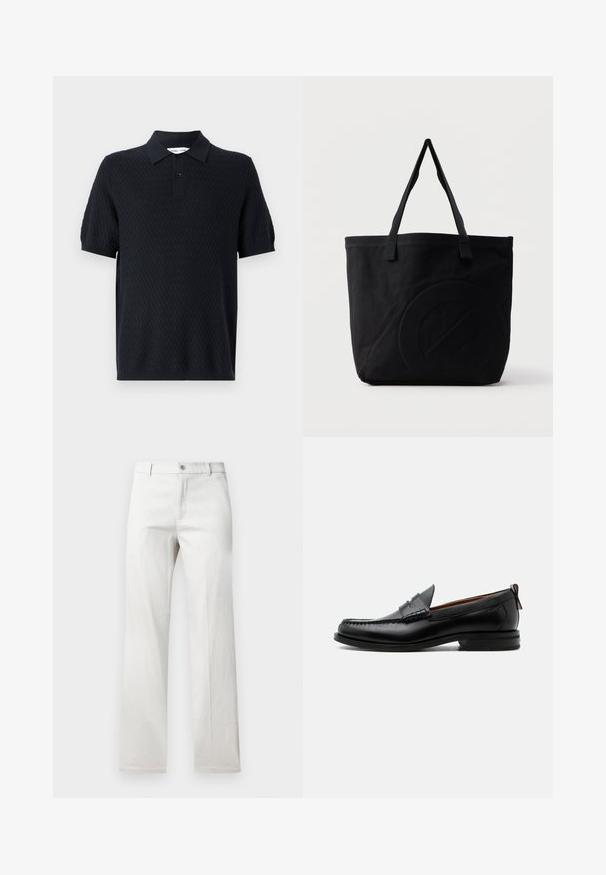 Schwarzes Polohemd mit einem strukturierten Zickzackmuster, kurzen Ärmeln und einem Kragen mit zwei Knöpfen. Hergestellt aus einem atmungsaktiven Stoff.; Helle graue Hose mit geradem Bein, aus einem glatten Stoff gefertigt, mit vorderer Knopfverschluss und Seitentaschen.; Schwarzer Leder-Herrenschuh mit Mokassinnaht, Penny-Riemen, strukturiertem Kragen und niedrigem gestapeltem Absatz auf weißem Hintergrund.; Schwarze Canvas-Shopper-Tasche mit zwei Schulterriemen und einem dezenten, eingeprägten kreisförmigen Design auf der Vorderseite.