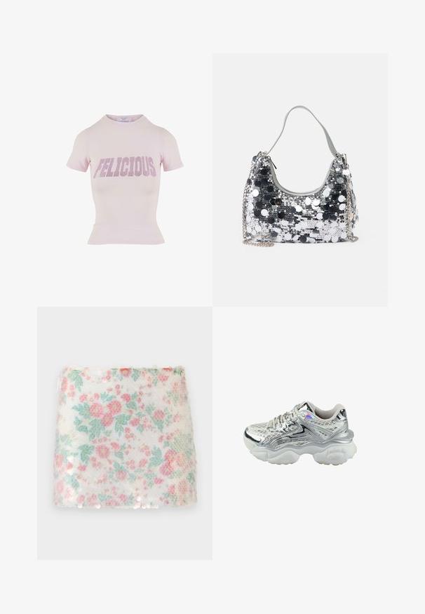 Pink kortærmet t-shirt med tætsiddende silhuet og ribbet kant. Udsmykket med "FELICIOUS" i fede rhinsten på forsiden.; Hvidt stof med blomstermønster i pastelfarvet pink og grønne blomster, der har en struktureret overflade og diskrete palietter langs bunden.; Sølv sneakers med en overdel i mesh, der har et skinnende metallisk design, tyk hvid sål og reflekterende detaljer. Teksturert overflade for godt greb.; Sølvglitrende håndtaske med rund form, blød håndtag og sølvfarvet kædestrop. Har en lynlåslukning og reflekterende detaljer.