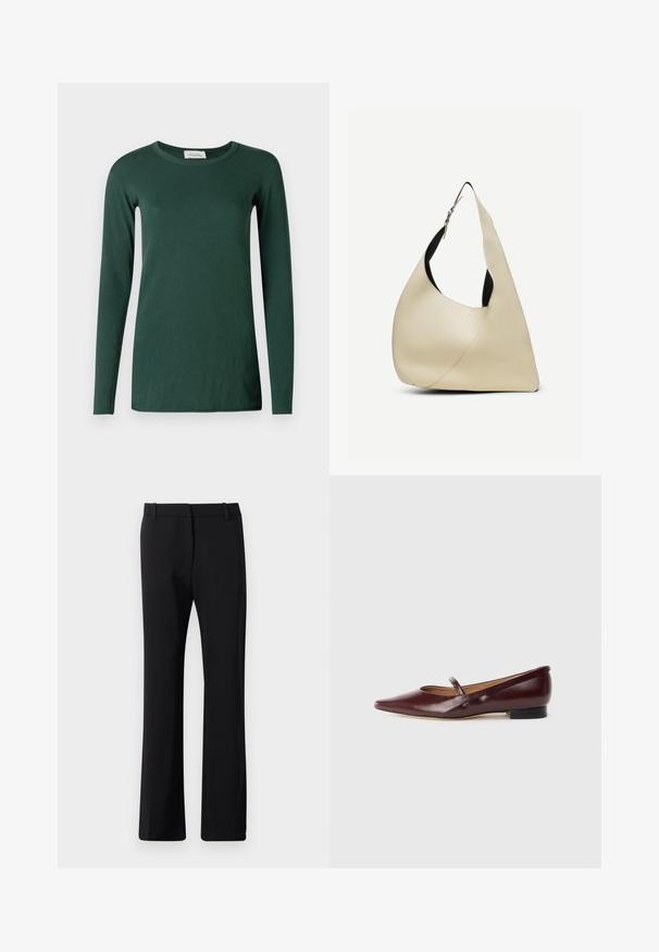 Camiseta de manga larga verde, hecha de algodón suave, con un escote redondeado y un diseño simple y ajustado, sin patrones ni acentos.; Pantalones negros de diseño ajustado, fabricados en una tela suave con un ligero estiramiento. Cuentan con trabillas para el cinturón y un corte de pierna recta.; Zapato plano de charol burdeos con punta afilada y una cinta decorativa a lo largo del empeine. Cuenta con un tacón bajo negro.; Bolso de hombro de cuero liso color crema con forma triangular curva y correa ajustable con hebilla plateada.