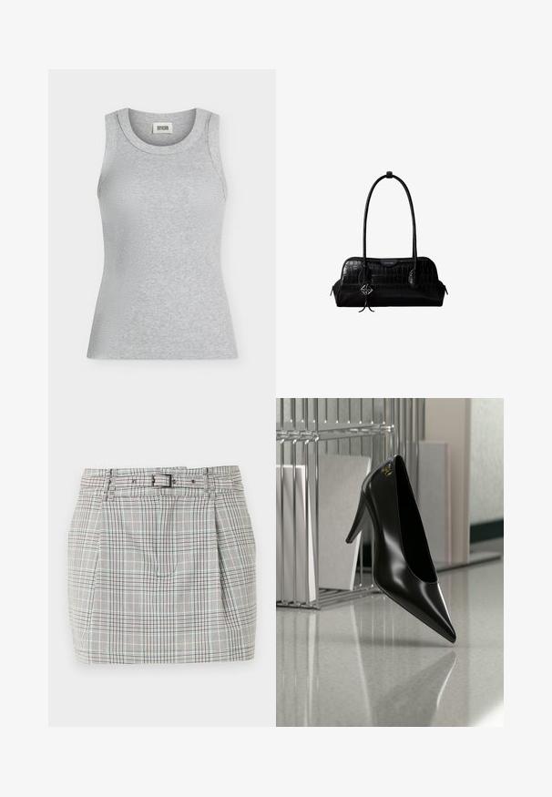 Débardeur côtelé gris clair sans manches avec un col rond et une étiquette DRYKORN à l'intérieur du col.; Mini-jupe à carreaux gris taille haute avec plis frontaux et ceinture assortie ajustable avec boucle noire.; Chaussure noire à talon haut avec bout pointu et logo doré, posée sur une surface réfléchissante près d'un organiseur de dossiers en fil chromé contenant des documents.; Sac à épaule en cuir noir à texture crocodile, avec de longues sangles et un petit charm logo argenté sur une sangle.