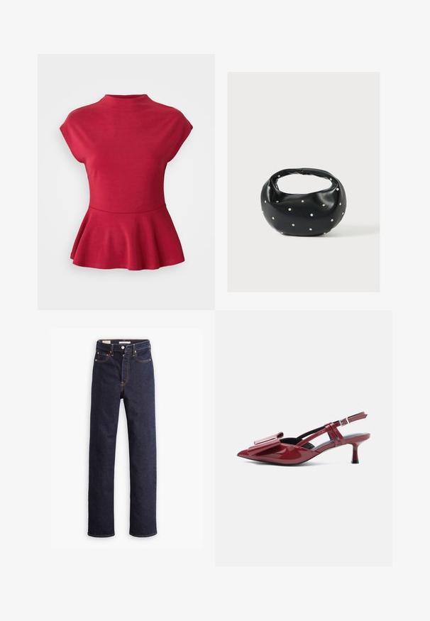 Červený peplum top s krátkymi rukávmi a stojacím golierom, so priliehavým pásom.; Tmavomodré rovnako strihané rifľové nohavice s piatimi vreckami a viditeľným oranžovým prešívaním na bielom pozadí.; Červené lakované slingback kitten heel s špicatou špičkou a veľkou mašľou na vrchu na bielom pozadí.; Čierna kožená kabelka s zaobleným tvarom, zdobená striebornými cvočkami a krátkym rúčkou. Hladká textúra a zapínanie na zips.